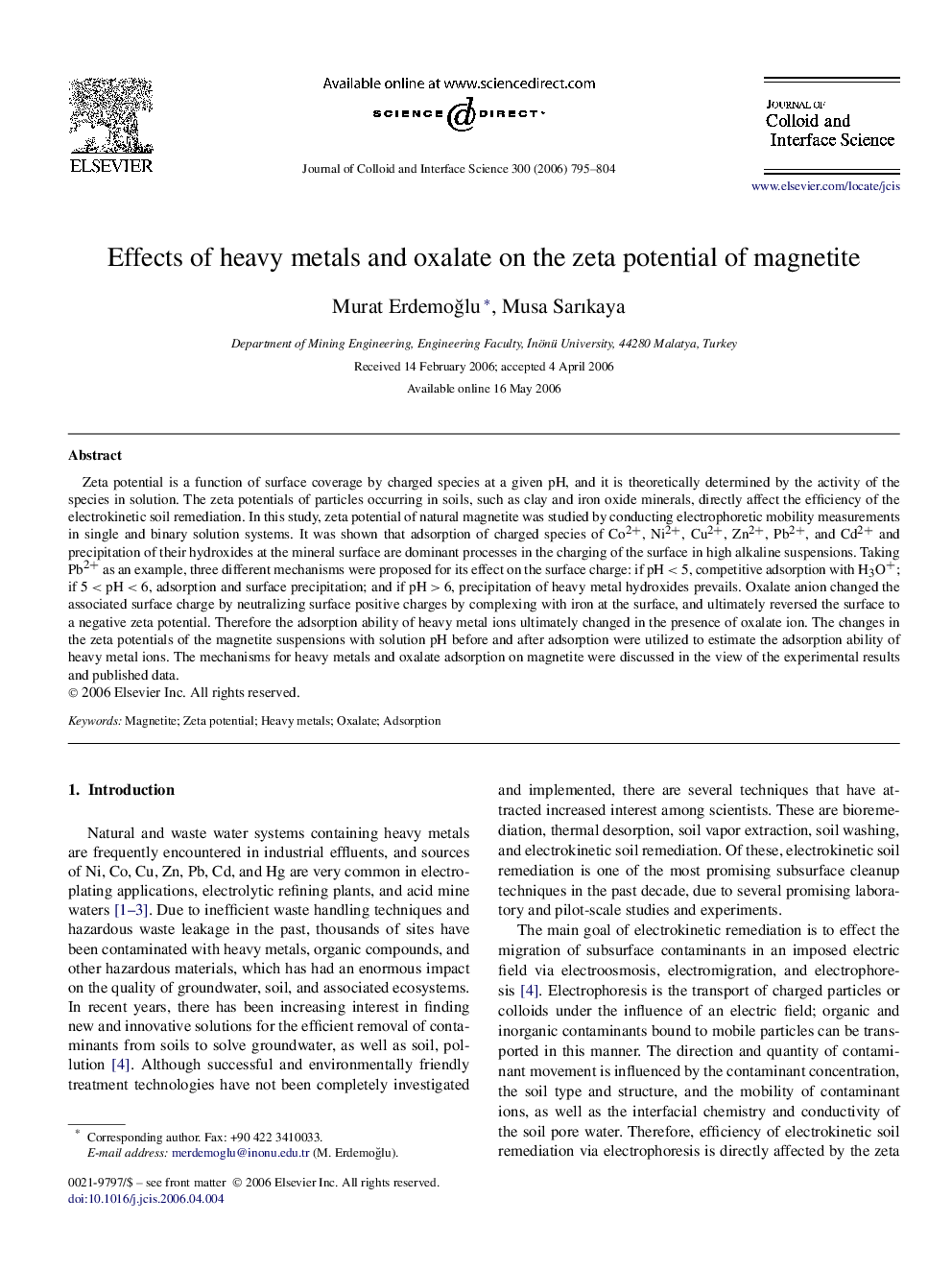 Effects of heavy metals and oxalate on the zeta potential of magnetite