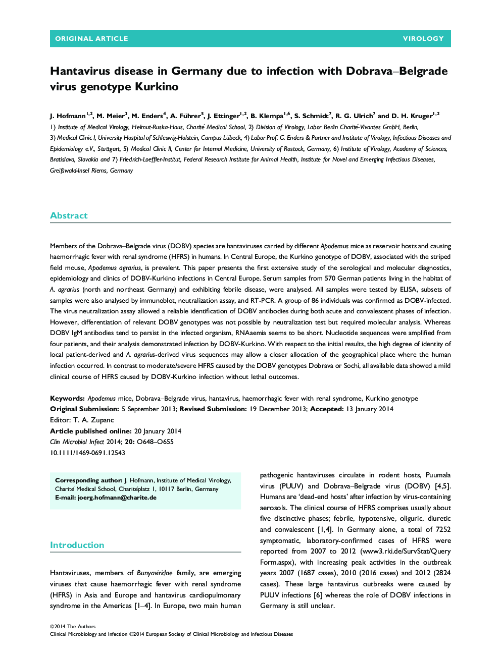 Hantavirus disease in Germany due to infection with Dobrava-Belgrade virus genotype Kurkino