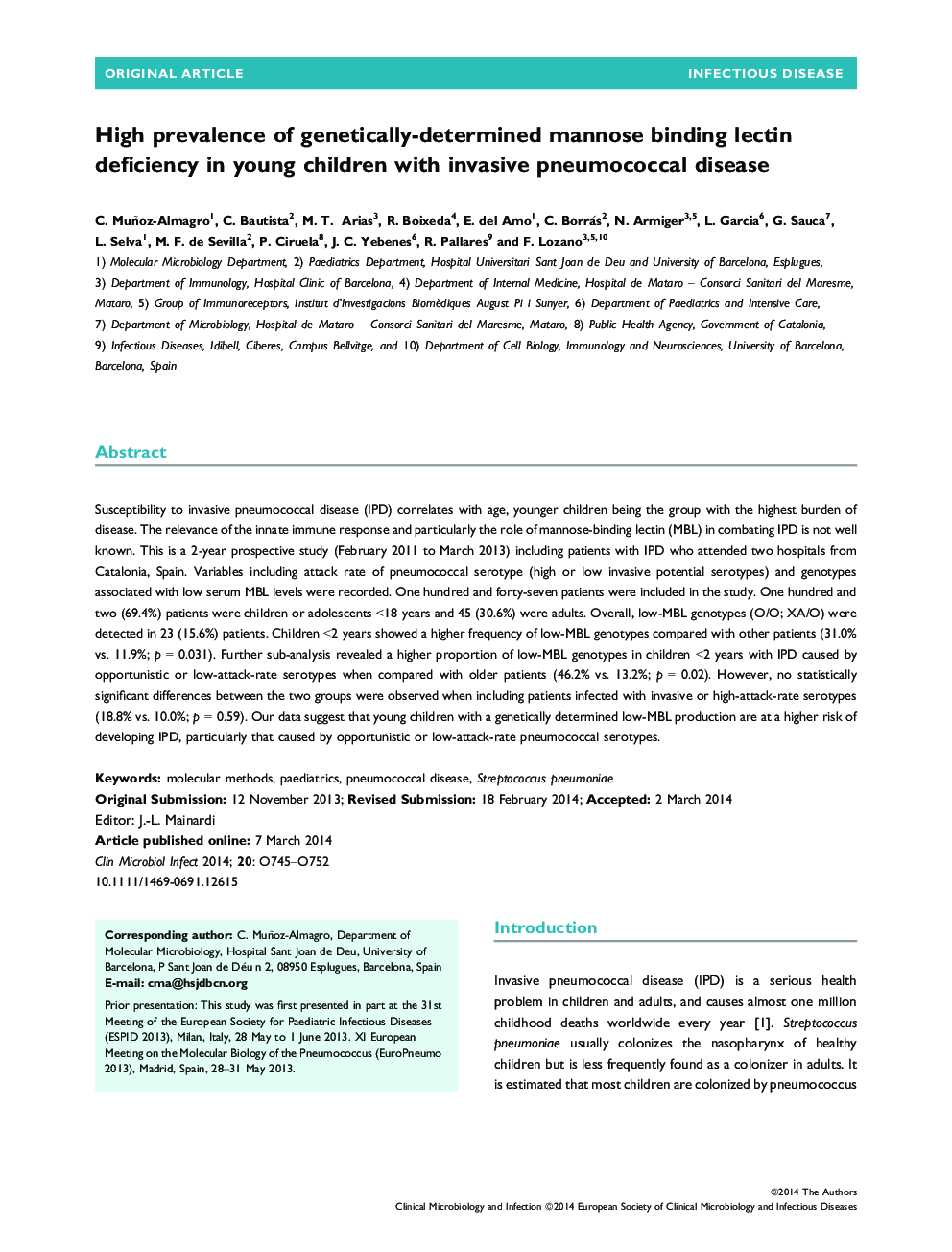 شیوع بالای کمبود لکتین ناشی از ژنتیکی ناشی از مانوز در کودکان جوان مبتلا به بیماری پنوموکوک مهاجم 