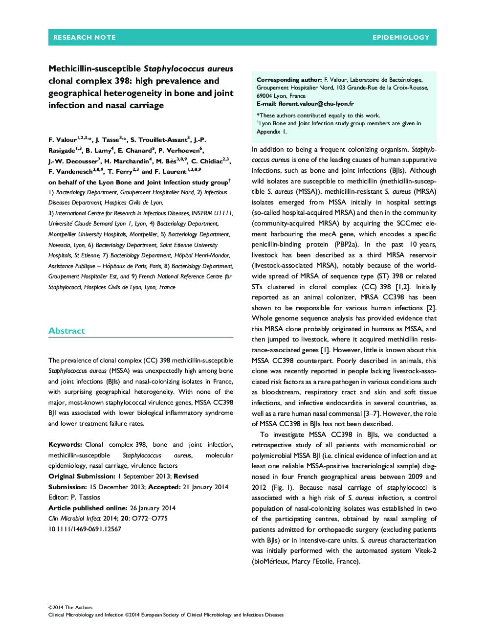 Methicillin-susceptible Staphylococcus aureus clonal complex 398: high prevalence and geographical heterogeneity in bone and joint infection and nasal carriage