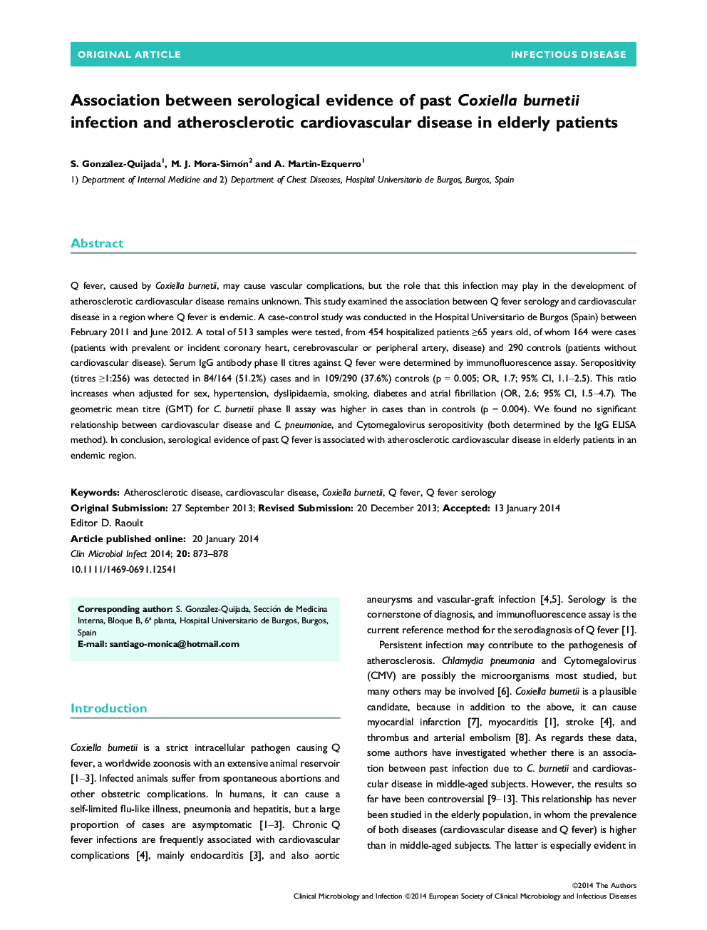 Association between serological evidence of past Coxiella burnetii infection and atherosclerotic cardiovascular disease in elderly patients