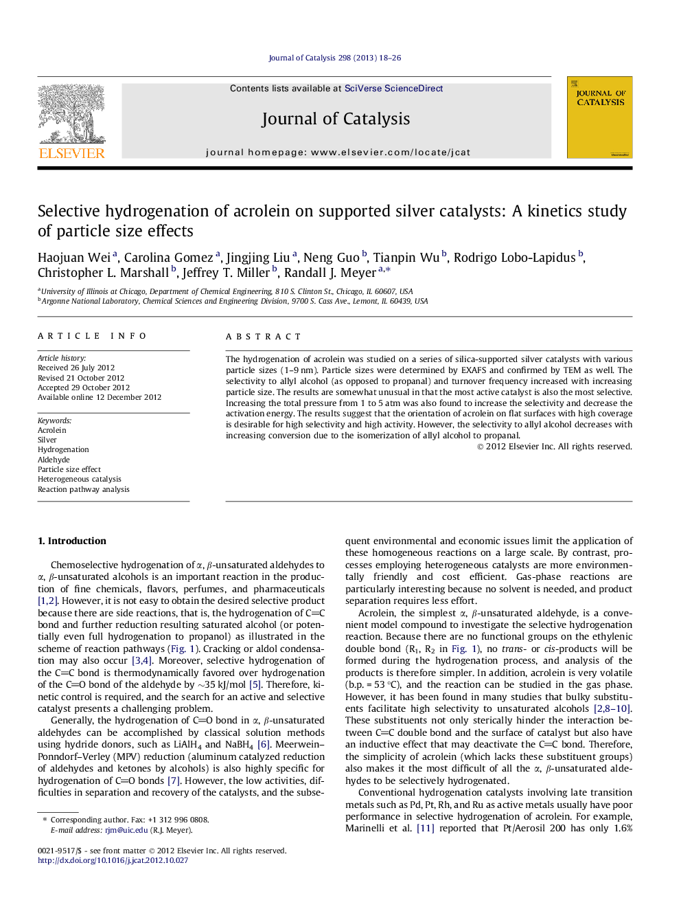 Selective hydrogenation of acrolein on supported silver catalysts: A kinetics study of particle size effects