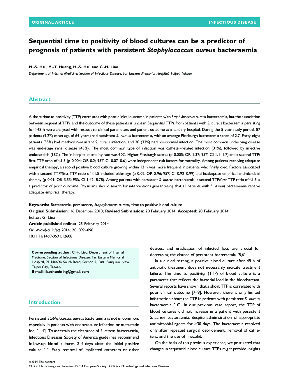 Sequential time to positivity of blood cultures can be a predictor of prognosis of patients with persistent Staphylococcus aureus bacteraemia