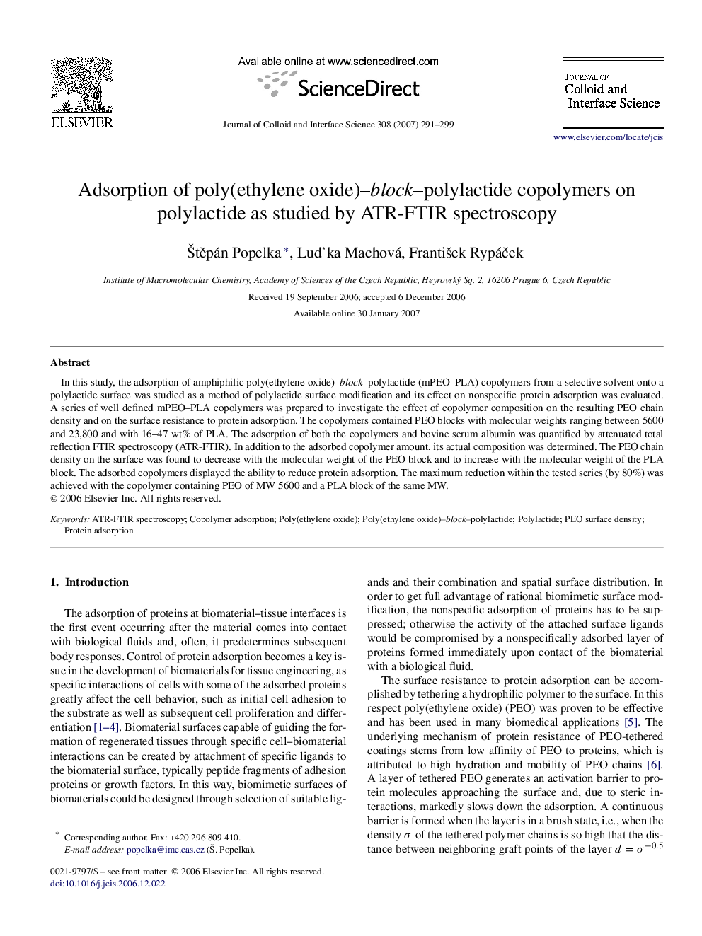 Adsorption of poly(ethylene oxide)–block–polylactide copolymers on polylactide as studied by ATR-FTIR spectroscopy