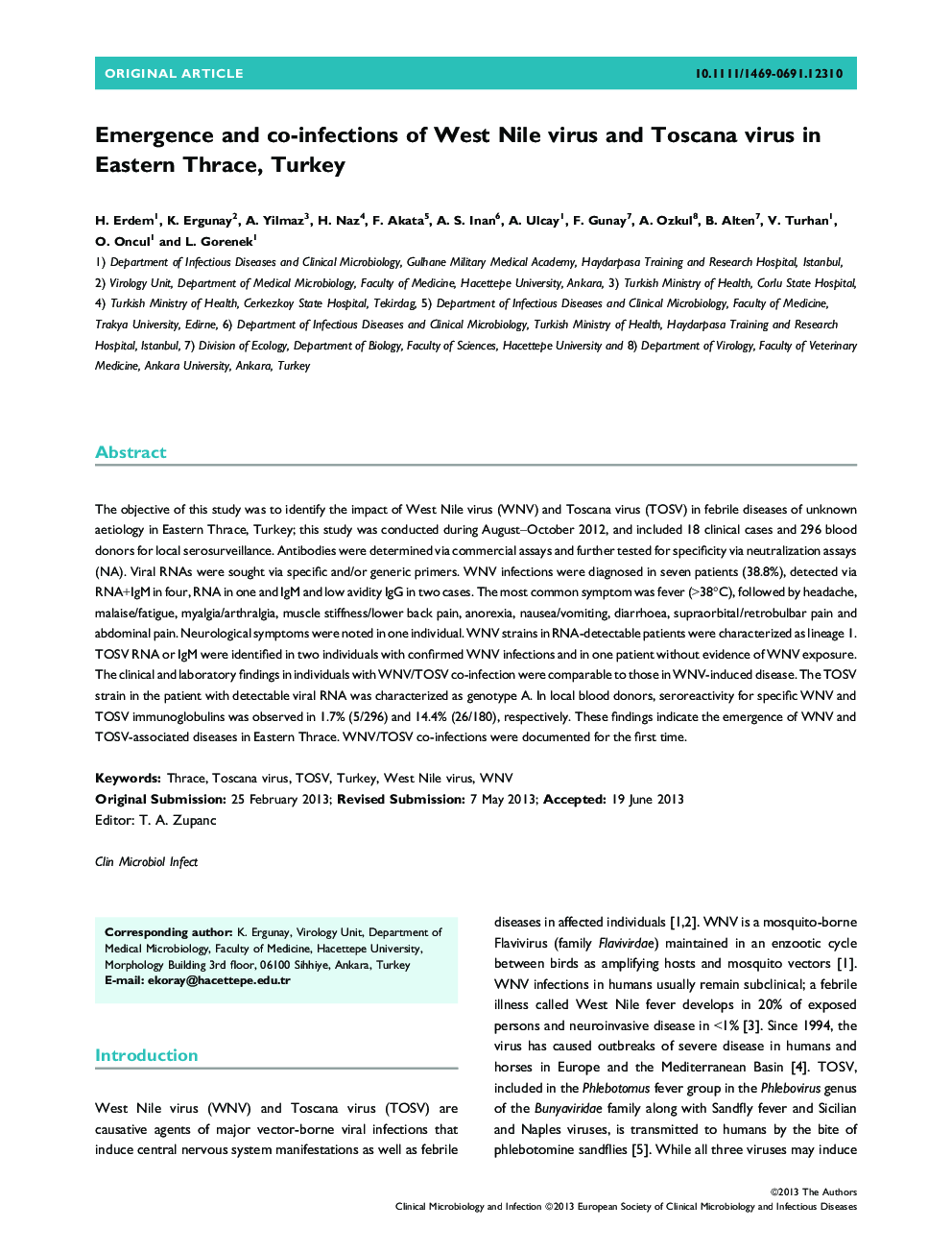 ظهور و عفونت های مشترک ویروس غرب نیل و ویروس توسانا در شرق تراکیه، ترکیه 
