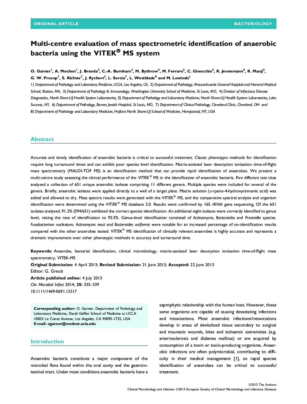 Multi-centre evaluation of mass spectrometric identification of anaerobic bacteria using the VITEK® MS system