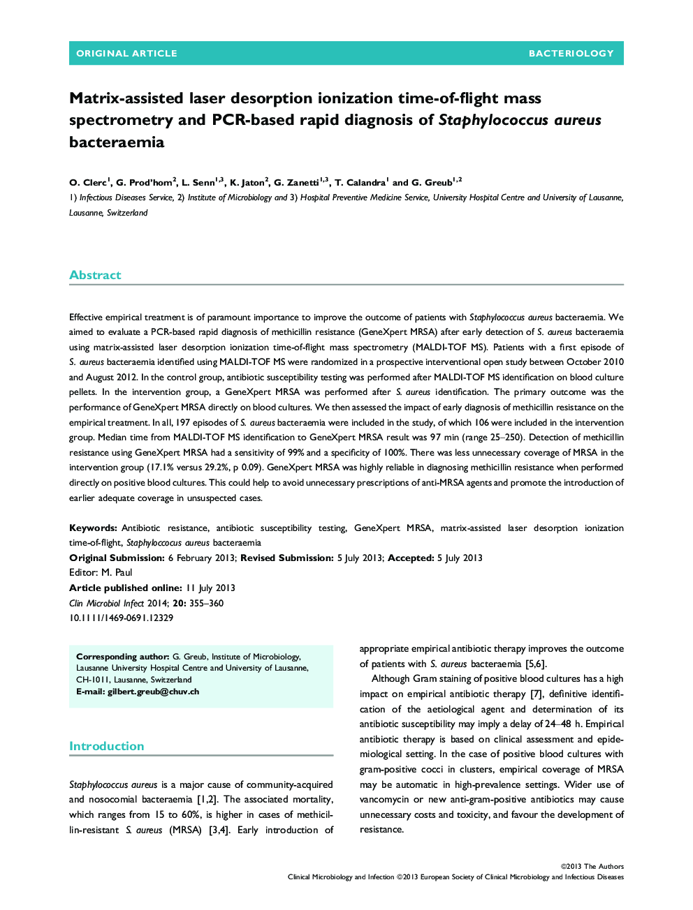 Matrix-assisted laser desorption ionization time-of-flight mass spectrometry and PCR-based rapid diagnosis of Staphylococcus aureus bacteraemia