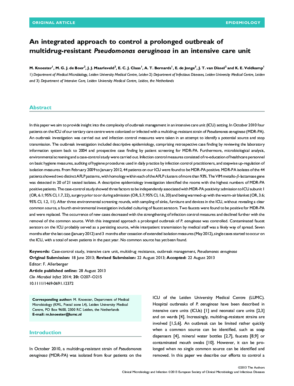 An integrated approach to control a prolonged outbreak of multidrug-resistant Pseudomonas aeruginosa in an intensive care unit