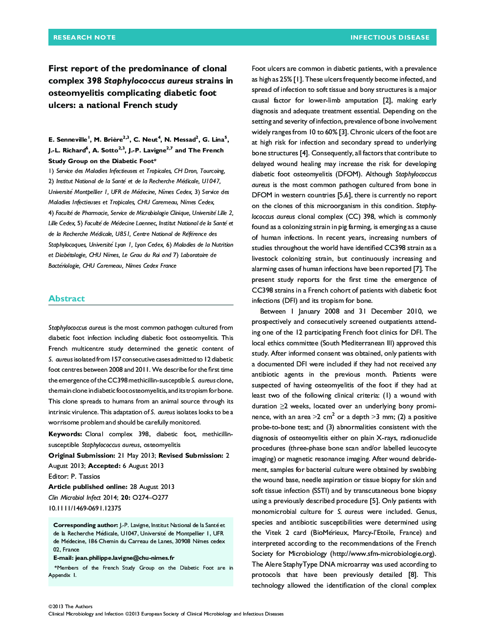 First report of the predominance of clonal complex 398 Staphylococcus aureus strains in osteomyelitis complicating diabetic foot ulcers: a national French study