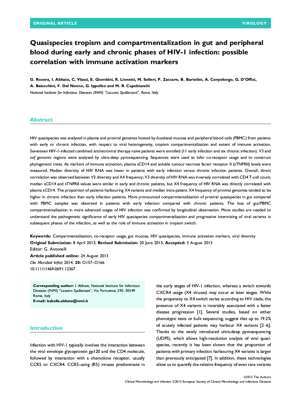 Quasispecies tropism and compartmentalization in gut and peripheral blood during early and chronic phases of HIV-1 infection: possible correlation with immune activation markers