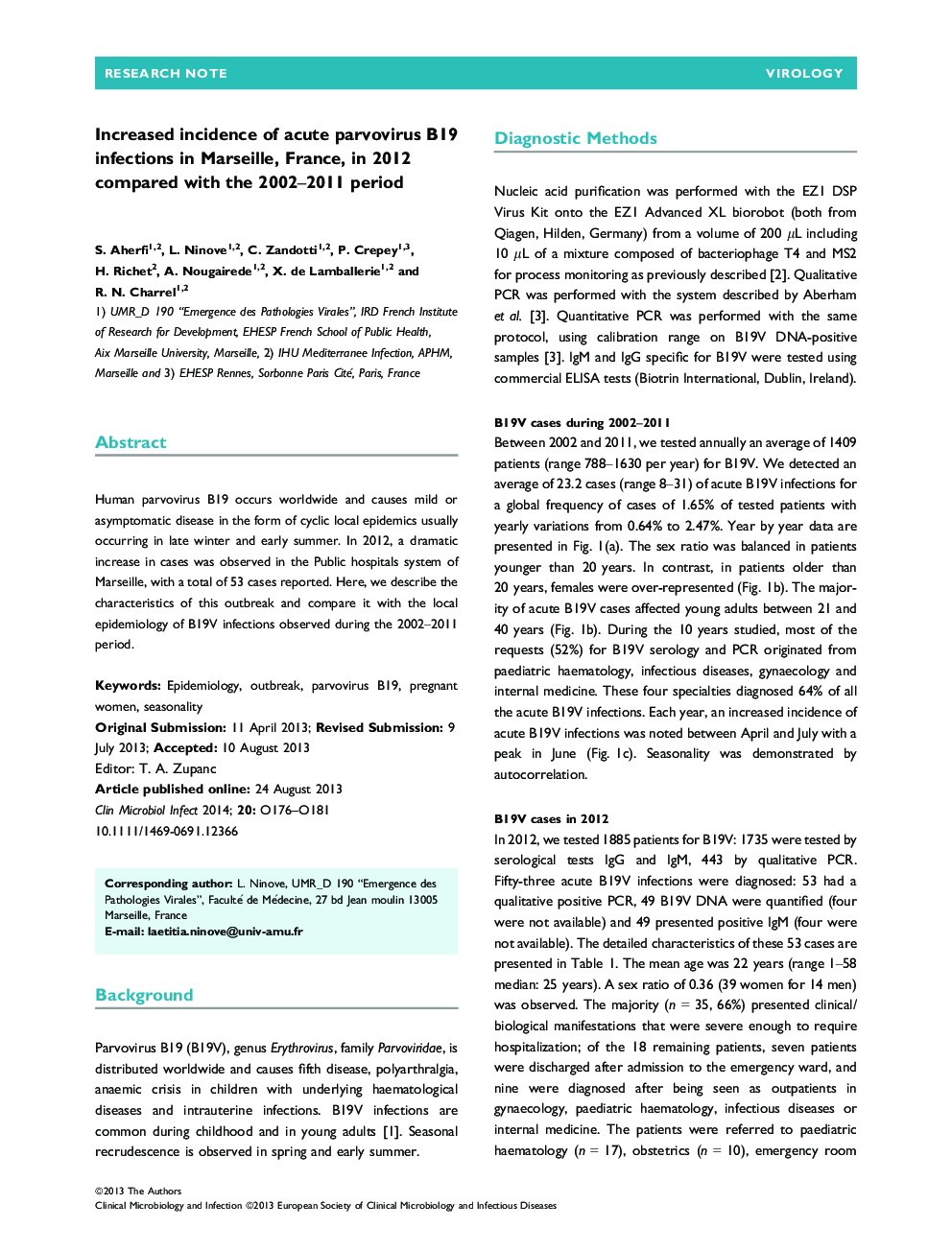 Increased incidence of acute parvovirus B19 infections in Marseille, France, in 2012 compared with the 2002-2011 period