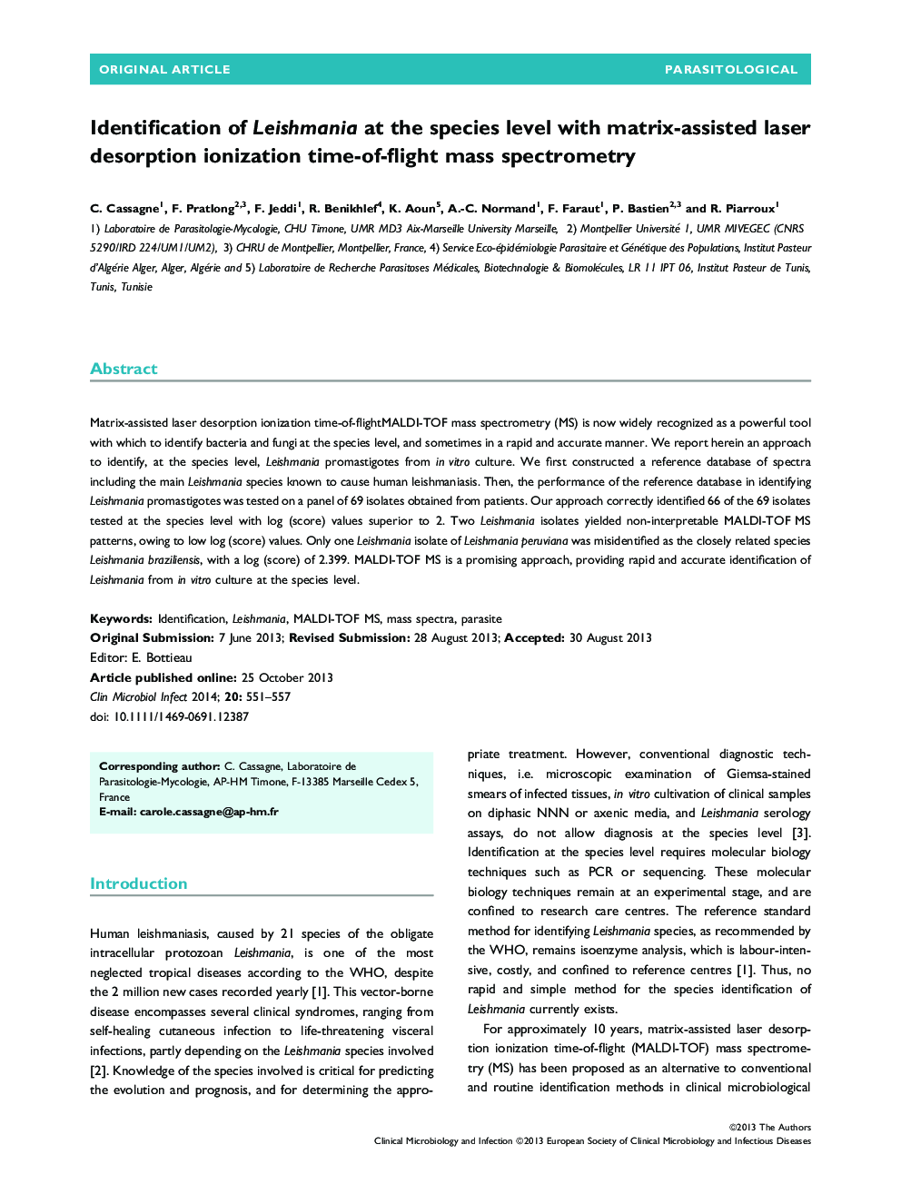 Identification of Leishmania at the species level with matrix-assisted laser desorption ionization time-of-flight mass spectrometry