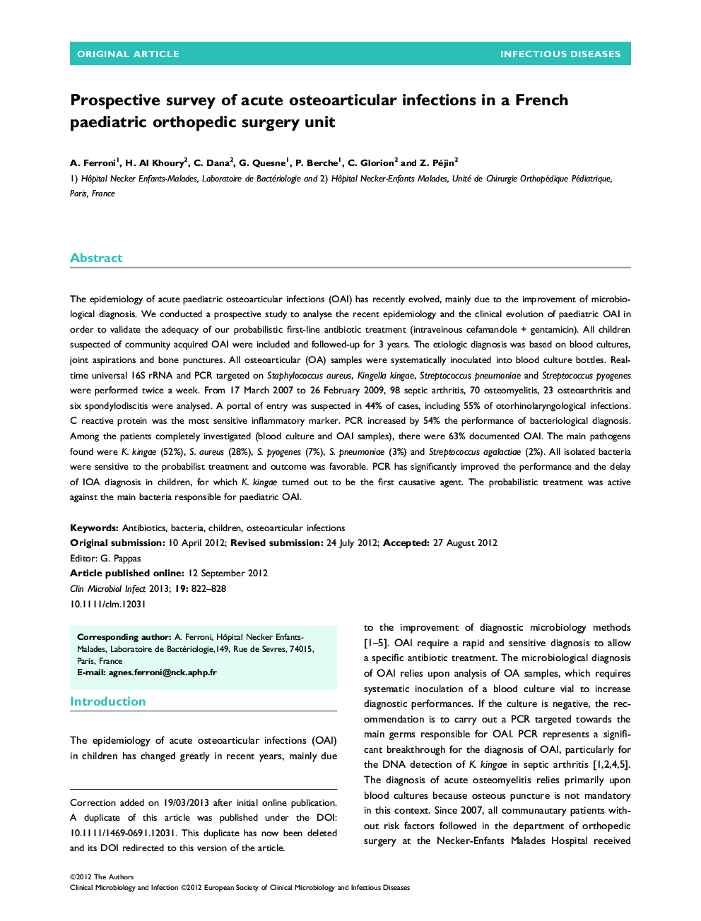 Prospective survey of acute osteoarticular infections in a French paediatric orthopedic surgery unit