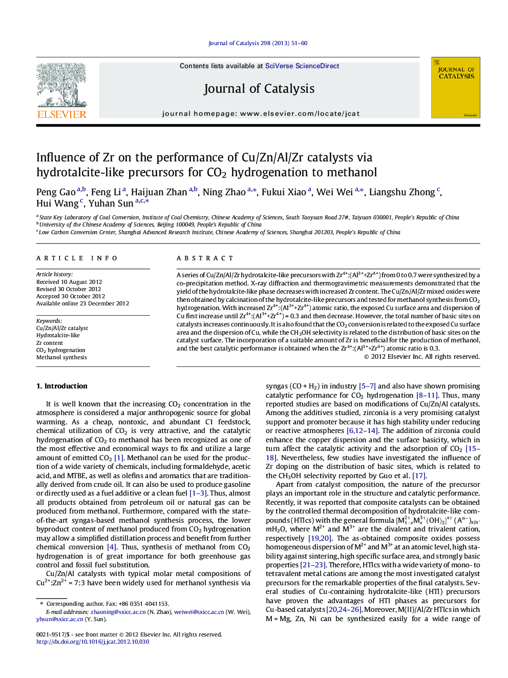 Influence of Zr on the performance of Cu/Zn/Al/Zr catalysts via hydrotalcite-like precursors for CO2 hydrogenation to methanol