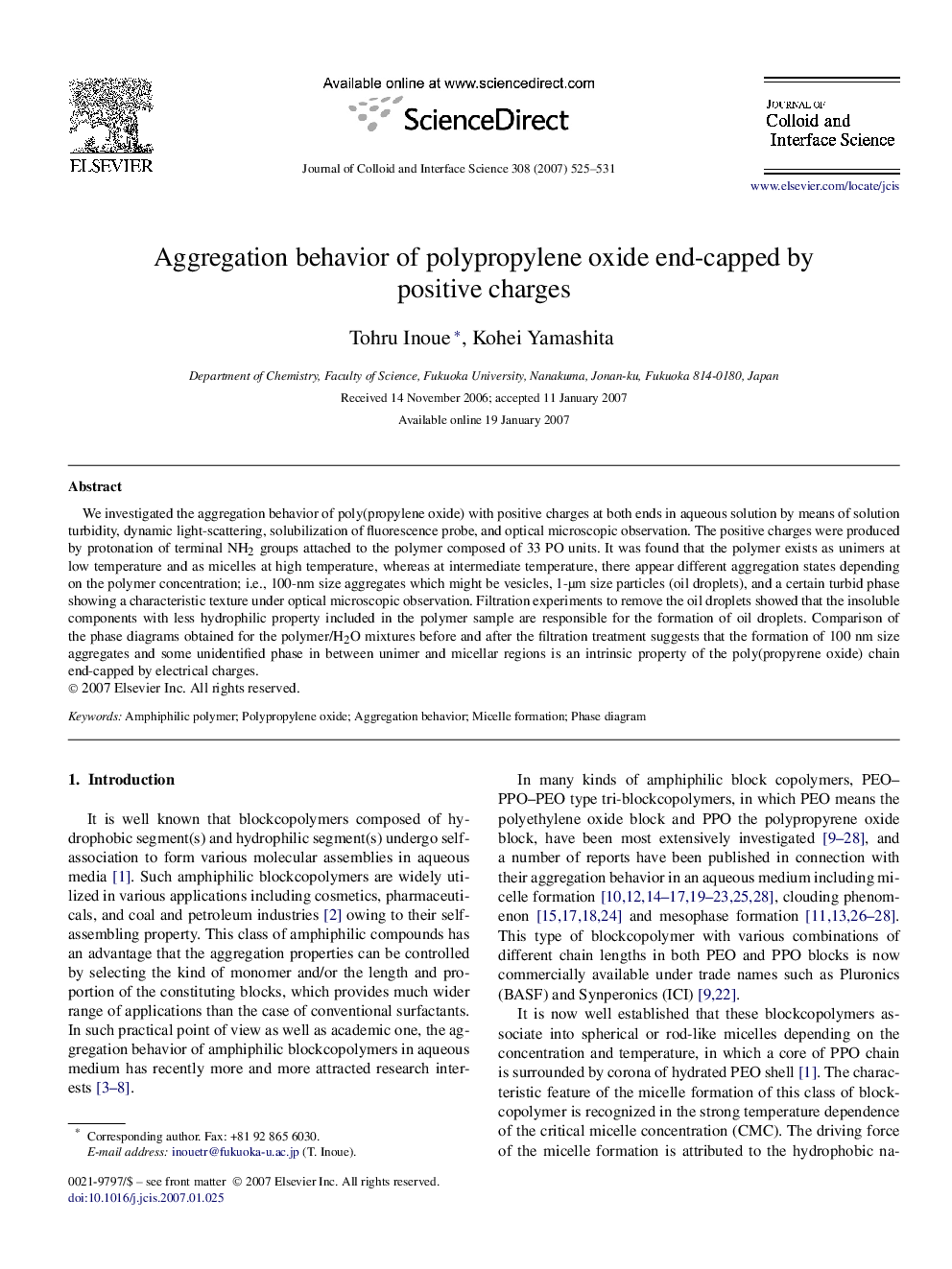 Aggregation behavior of polypropylene oxide end-capped by positive charges