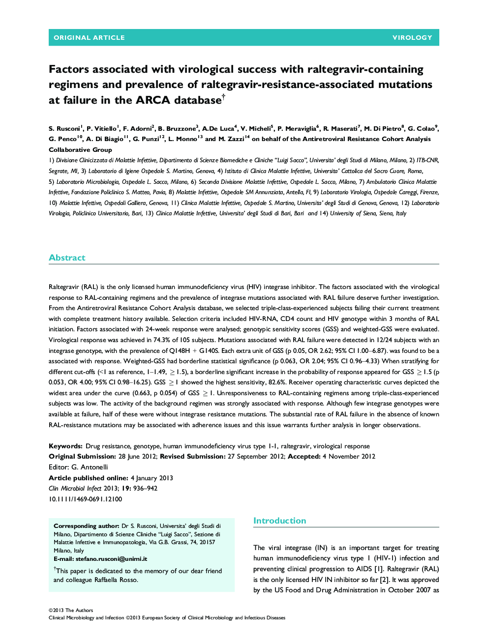 Factors associated with virological success with raltegravir-containing regimens and prevalence of raltegravir-resistance-associated mutations at failure in the ARCA databaseâ 