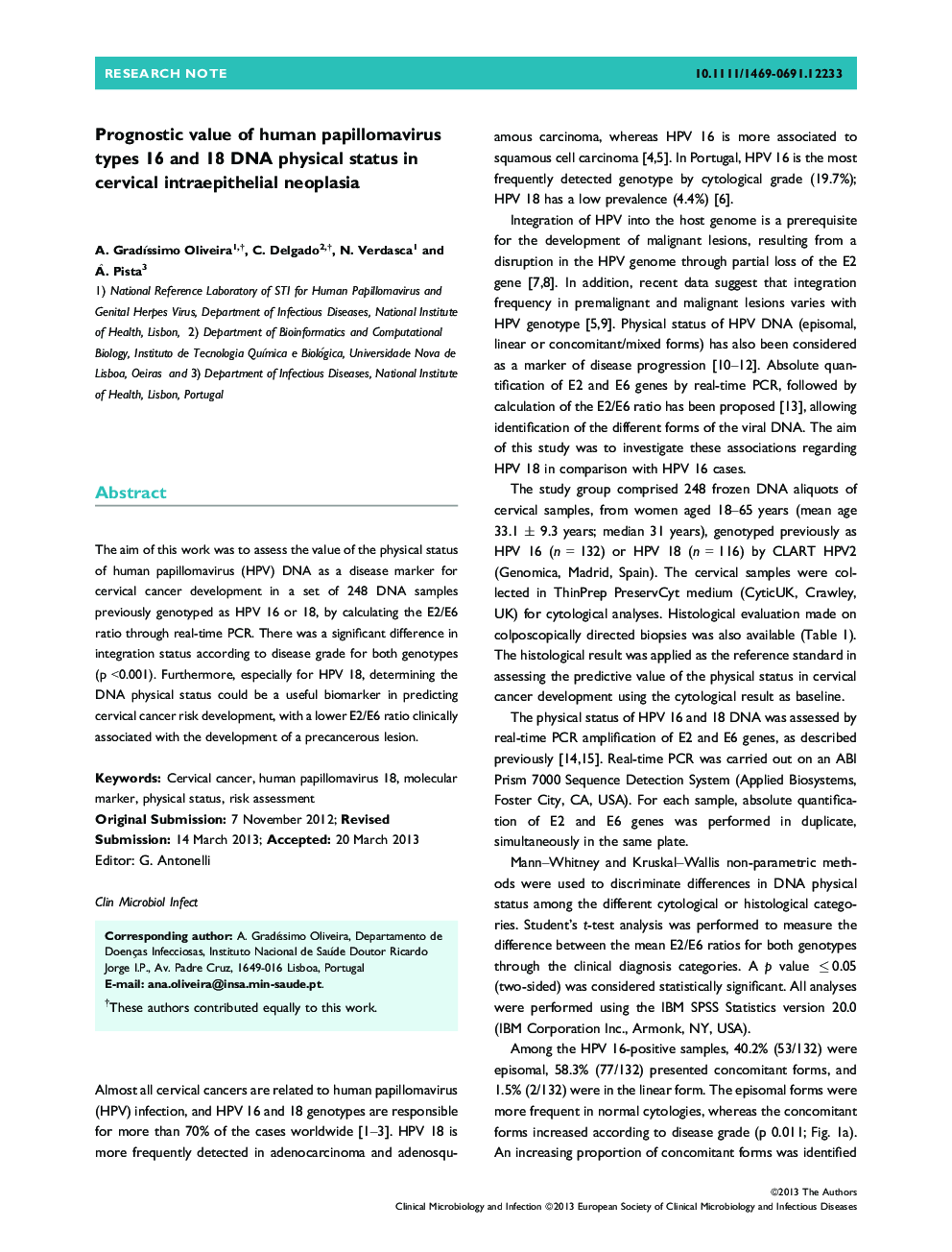 Prognostic value of human papillomavirus types 16 and 18 DNA physical status in cervical intraepithelial neoplasia