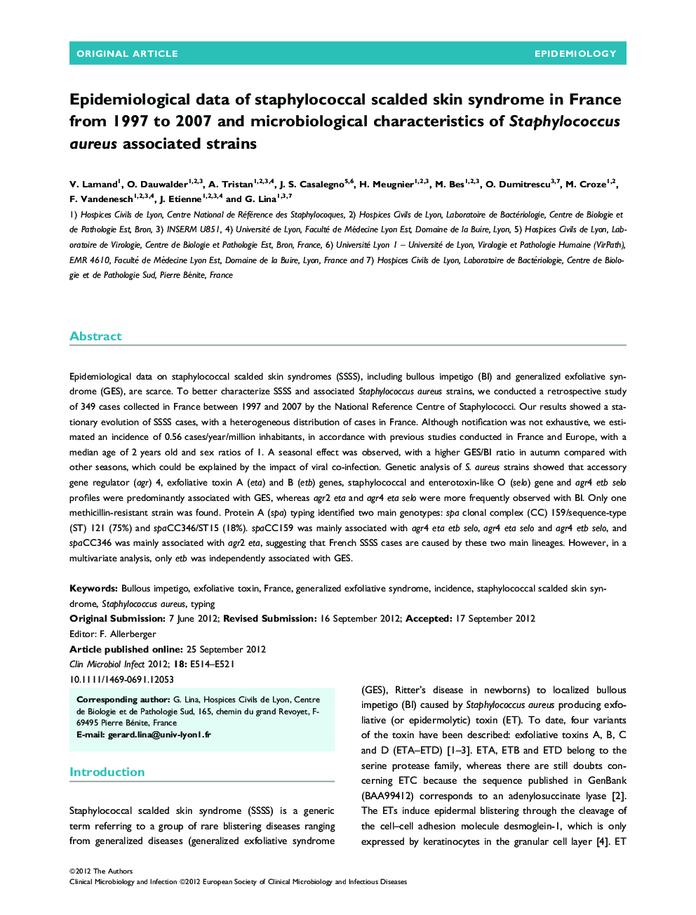 Epidemiological data of staphylococcal scalded skin syndrome in France from 1997 to 2007 and microbiological characteristics of Staphylococcus aureus associated strains