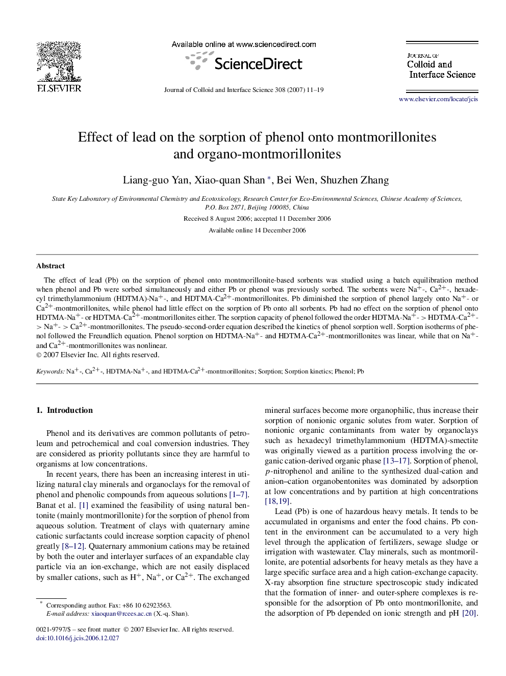 Effect of lead on the sorption of phenol onto montmorillonites and organo-montmorillonites