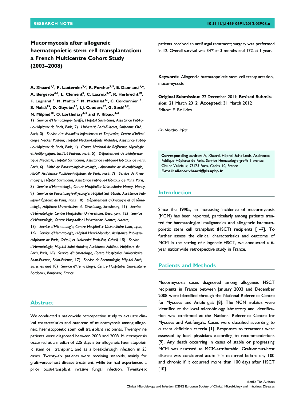 Mucormycosis after allogeneic haematopoietic stem cell transplantation: a French Multicentre Cohort Study (2003-2008)