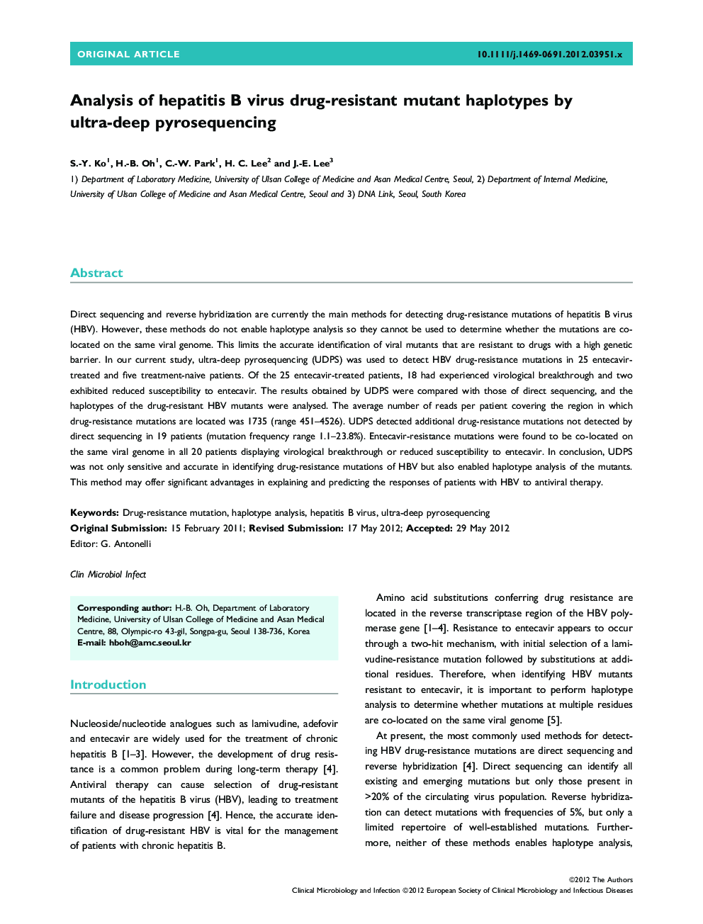 Analysis of hepatitis B virus drug-resistant mutant haplotypes by ultra-deep pyrosequencing