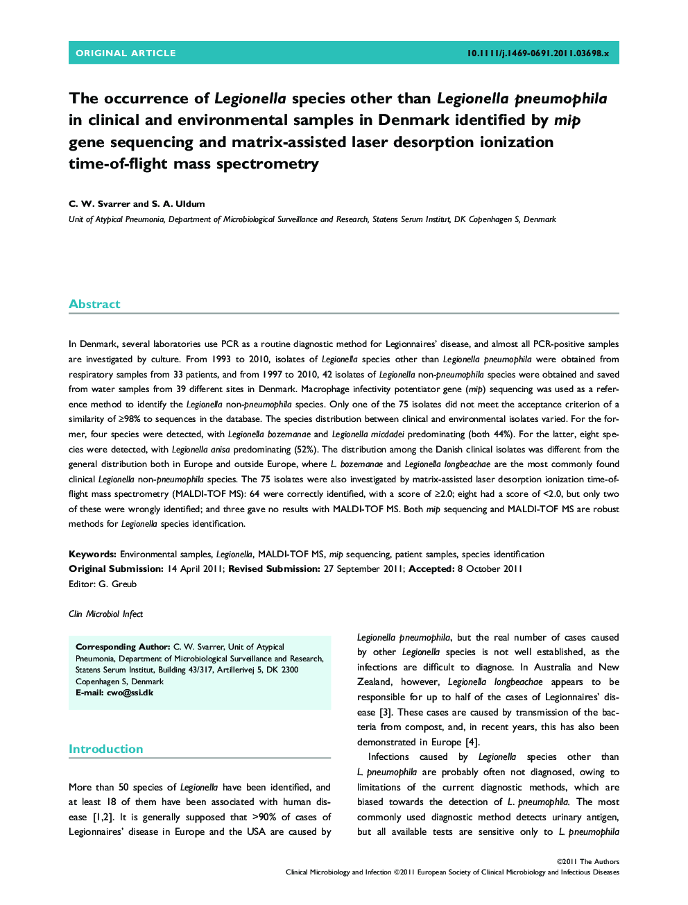 The occurrence of Legionella species other than Legionella pneumophila in clinical and environmental samples in Denmark identified by mip gene sequencing and matrix-assisted laser desorption ionization time-of-flight mass spectrometry