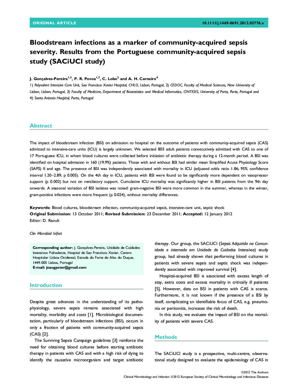 Bloodstream infections as a marker of community-acquired sepsis severity. Results from the Portuguese community-acquired sepsis study (SACiUCI study)