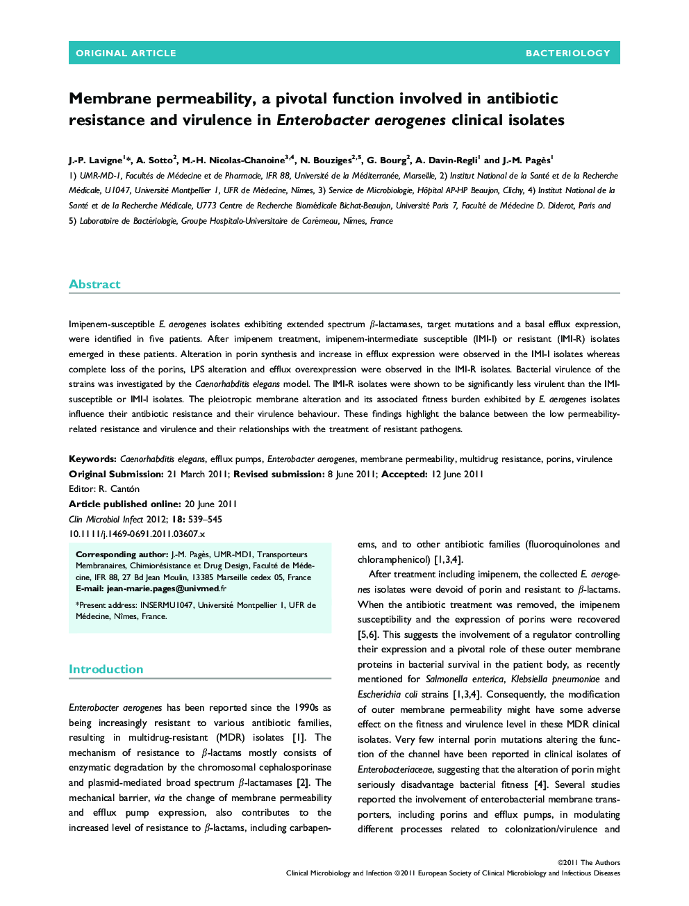 Membrane permeability, a pivotal function involved in antibiotic resistance and virulence in Enterobacter aerogenes clinical isolates