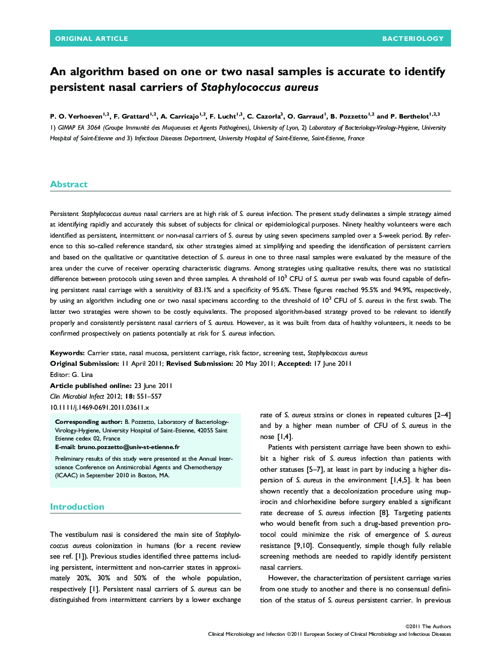 An algorithm based on one or two nasal samples is accurate to identify persistent nasal carriers of Staphylococcus aureus