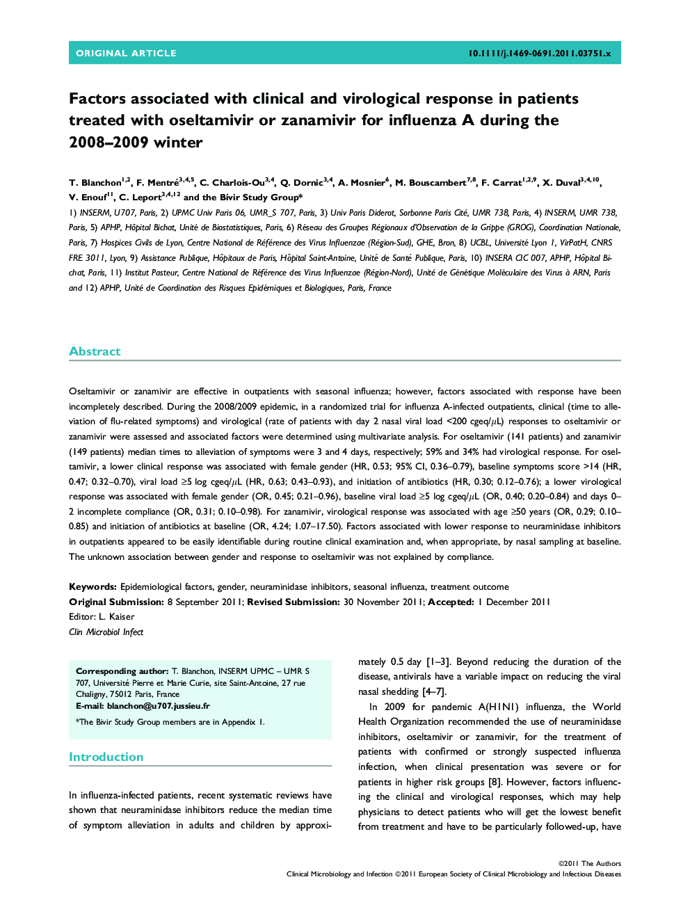 Factors associated with clinical and virological response in patients treated with oseltamivir or zanamivir for influenza A during the 2008-2009 winter