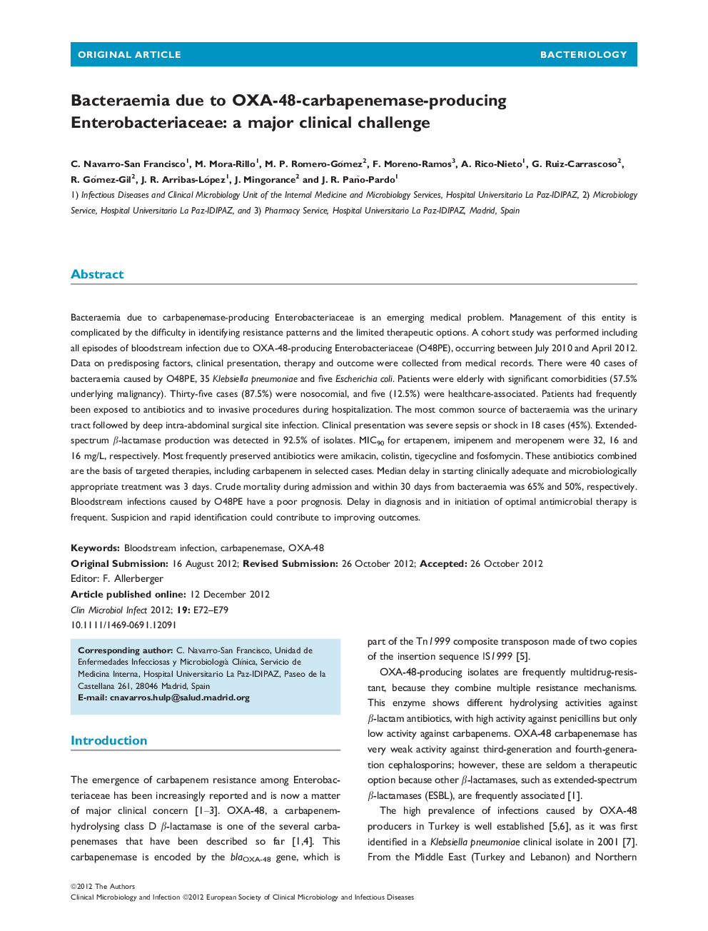 Bacteraemia due to OXA-48-carbapenemase-producing Enterobacteriaceae: a major clinical challenge