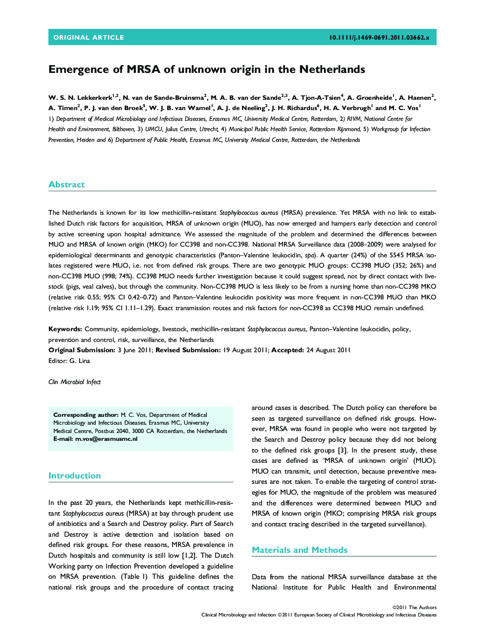 Emergence of MRSA of unknown origin in the Netherlands