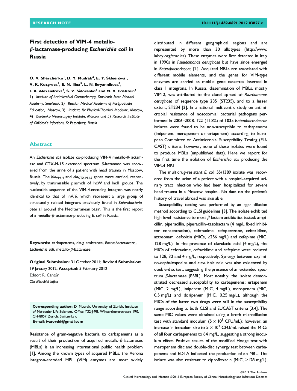 First detection of VIM-4 metallo-Î²-lactamase-producing Escherichia coli in Russia