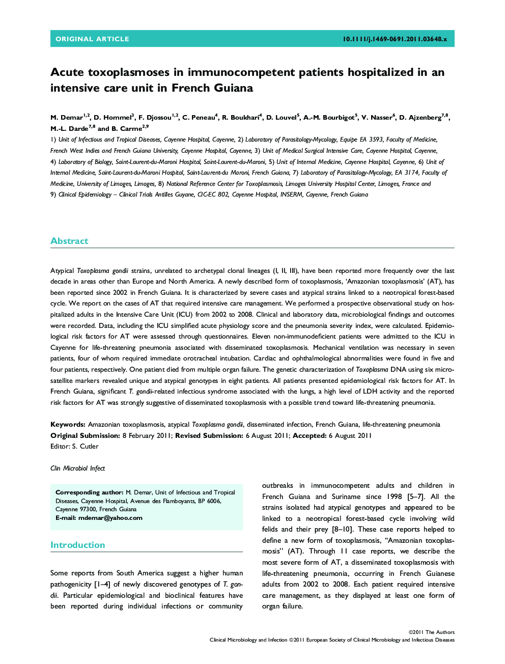 Acute toxoplasmoses in immunocompetent patients hospitalized in an intensive care unit in French Guiana