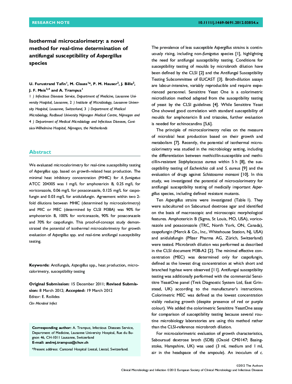 Isothermal microcalorimetry: a novel method for real-time determination of antifungal susceptibility of Aspergillus species