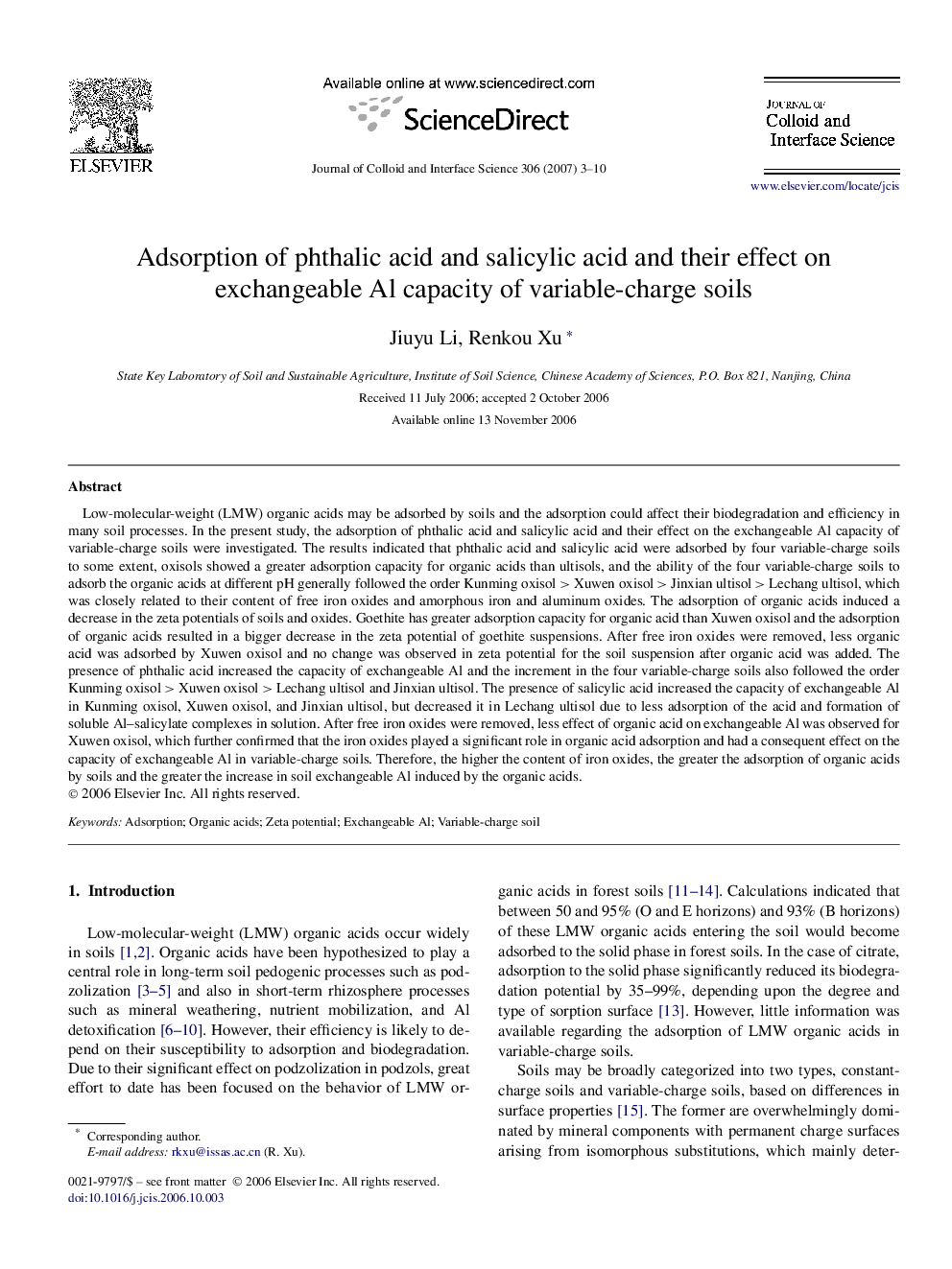 Adsorption of phthalic acid and salicylic acid and their effect on exchangeable Al capacity of variable-charge soils