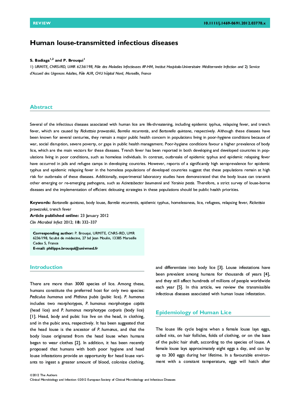 Human louse-transmitted infectious diseases