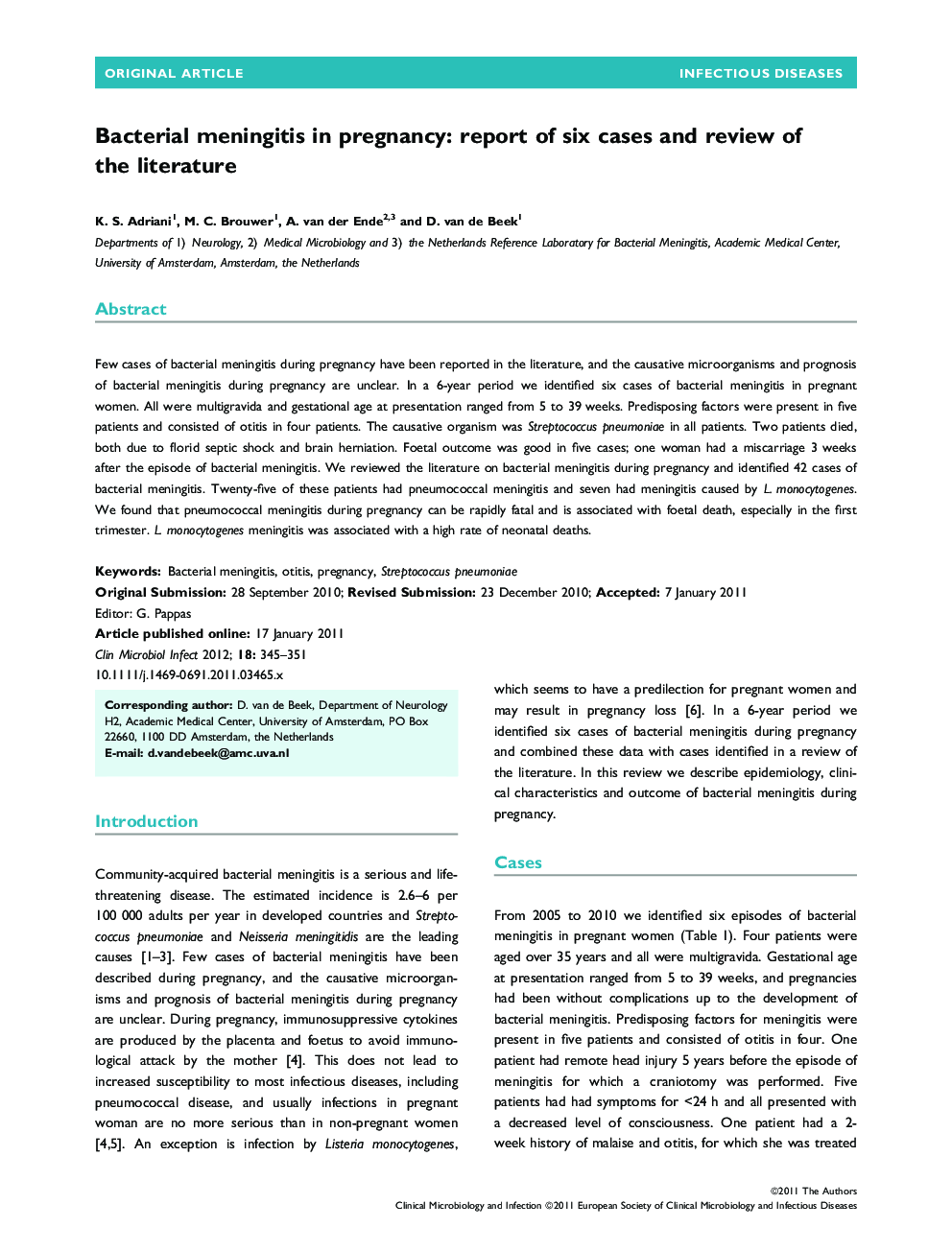 Bacterial meningitis in pregnancy: report of six cases and review of the literature