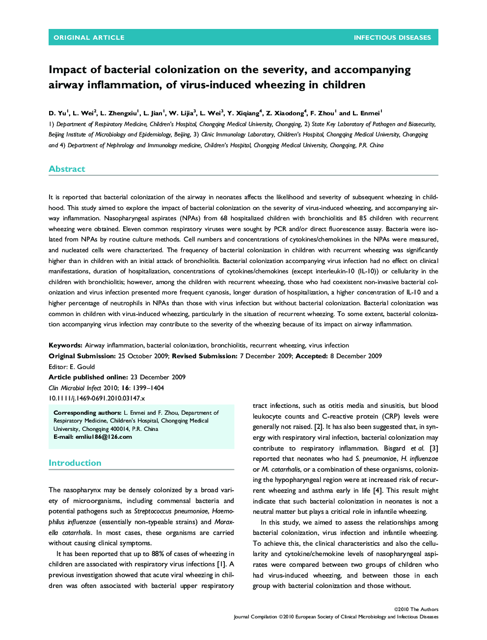 Impact of bacterial colonization on the severity, and accompanying airway inflammation, of virus-induced wheezing in children