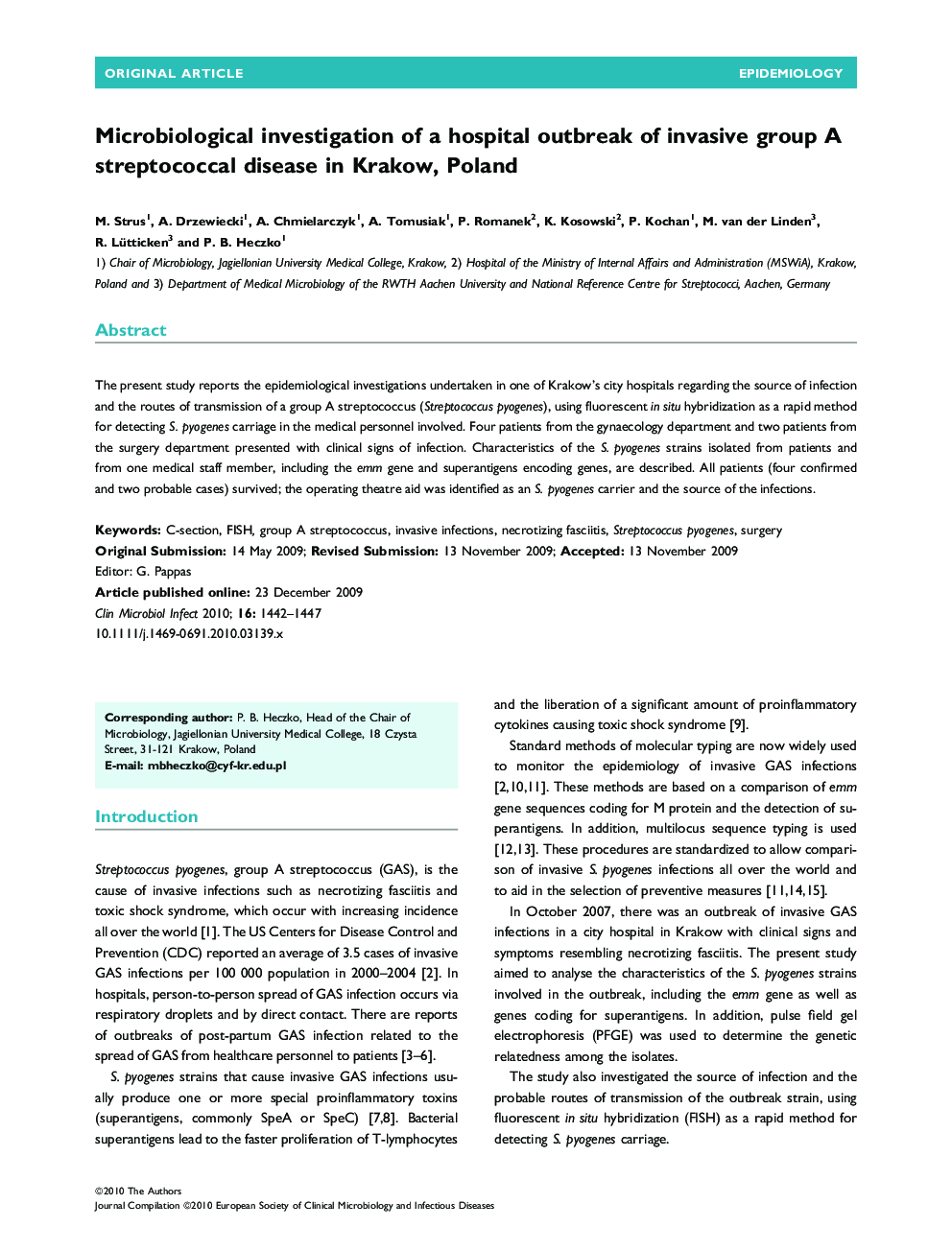 Microbiological investigation of a hospital outbreak of invasive group A streptococcal disease in Krakow, Poland