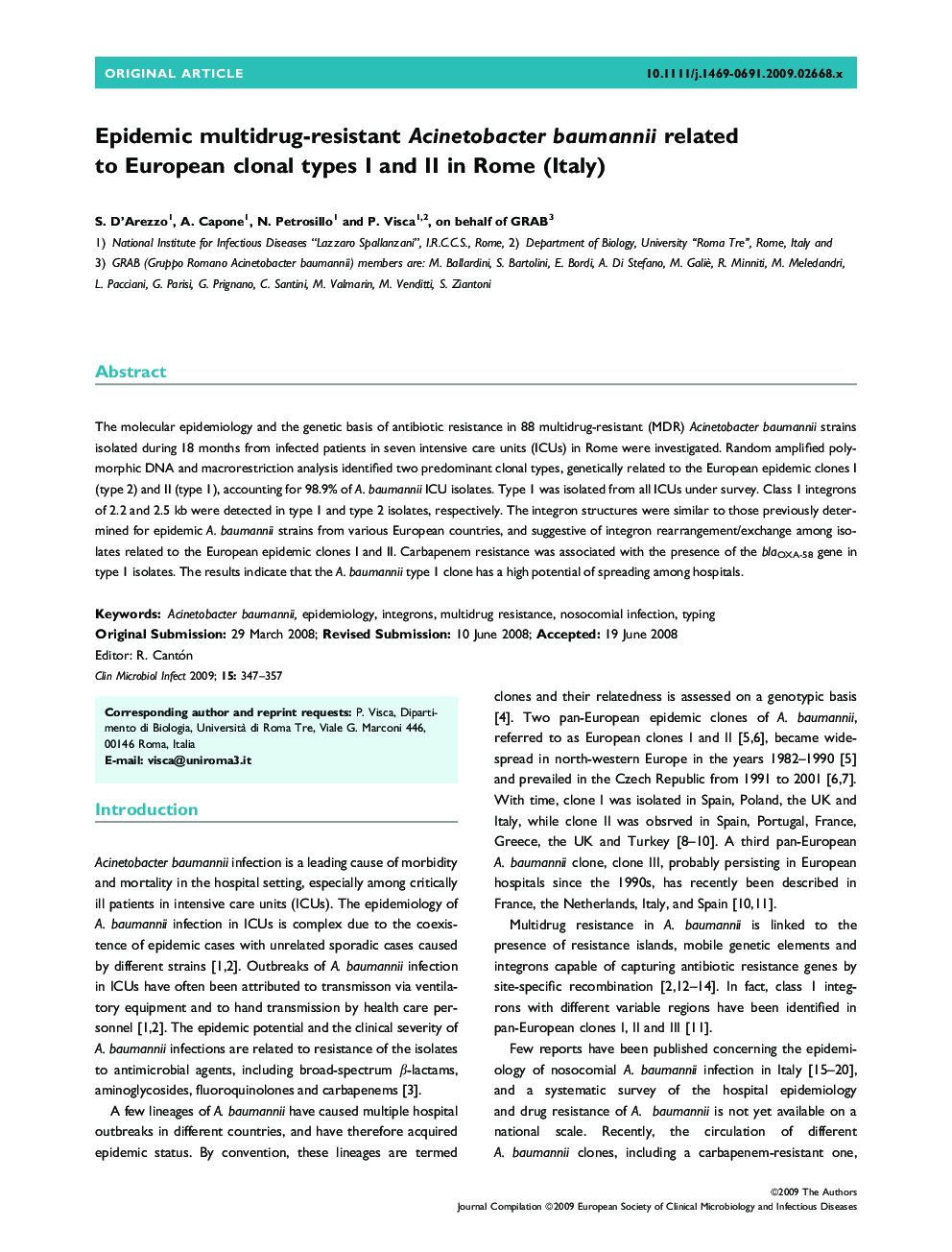 Epidemic multidrug-resistant Acinetobacter baumannii related to European clonal types I and II in Rome (Italy)