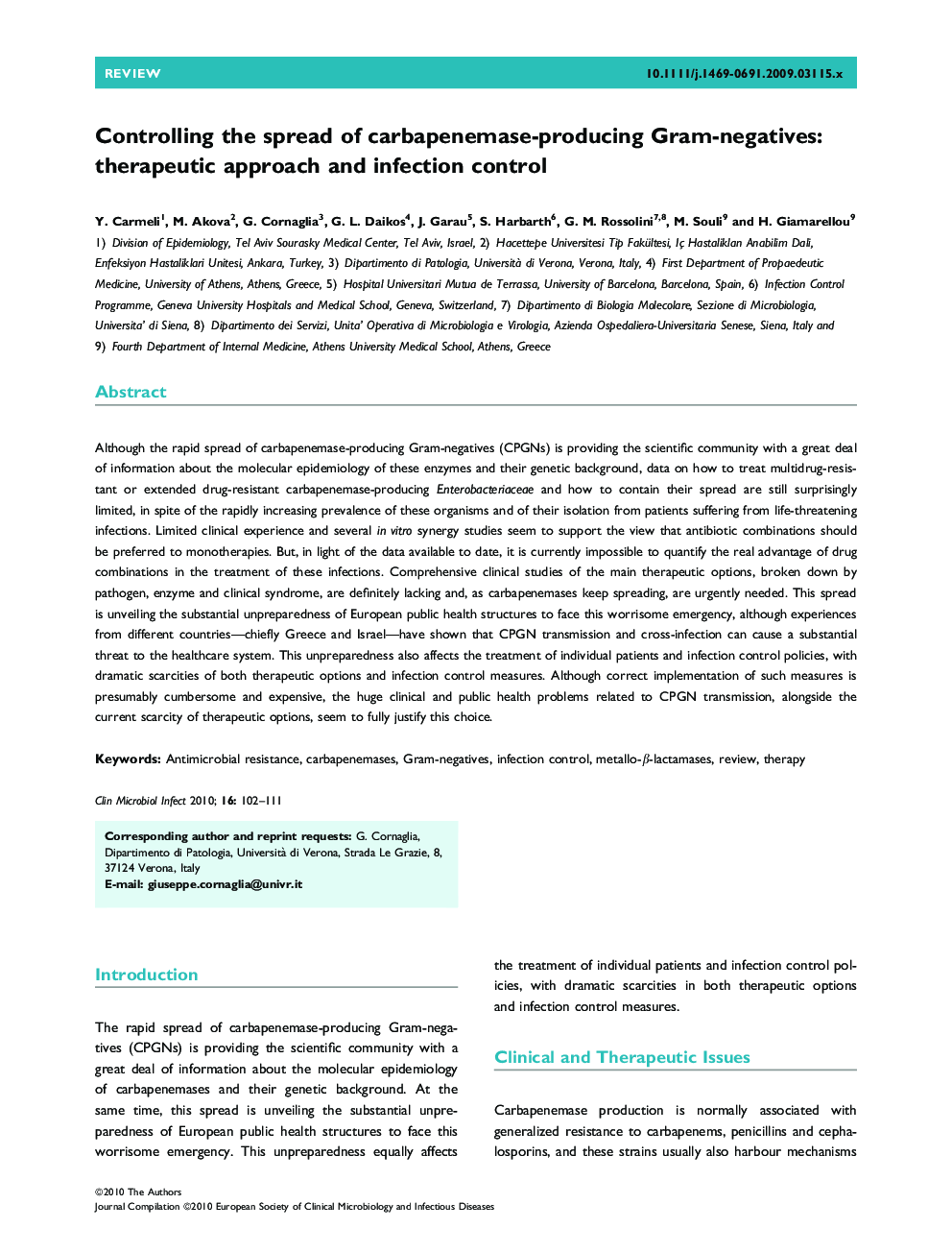 Controlling the spread of carbapenemase-producing Gram-negatives: therapeutic approach and infection control