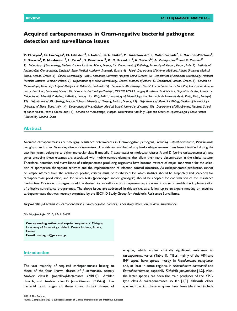 Acquired carbapenemases in Gram-negative bacterial pathogens: detection and surveillance issues