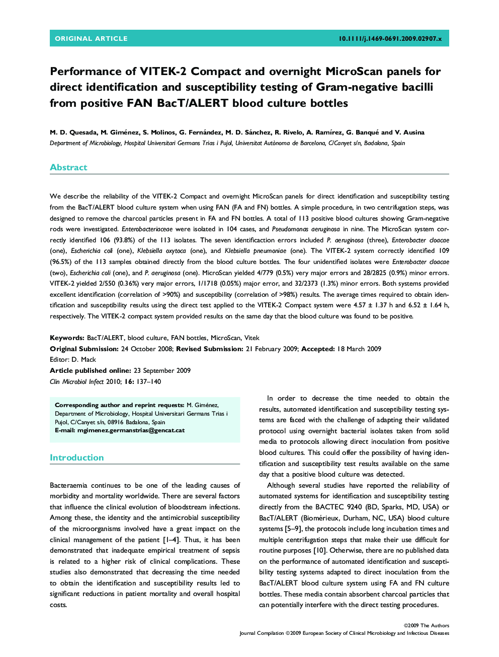 Performance of VITEK-2 Compact and overnight MicroScan panels for direct identification and susceptibility testing of Gram-negative bacilli from positive FAN BacT/ALERT blood culture bottles