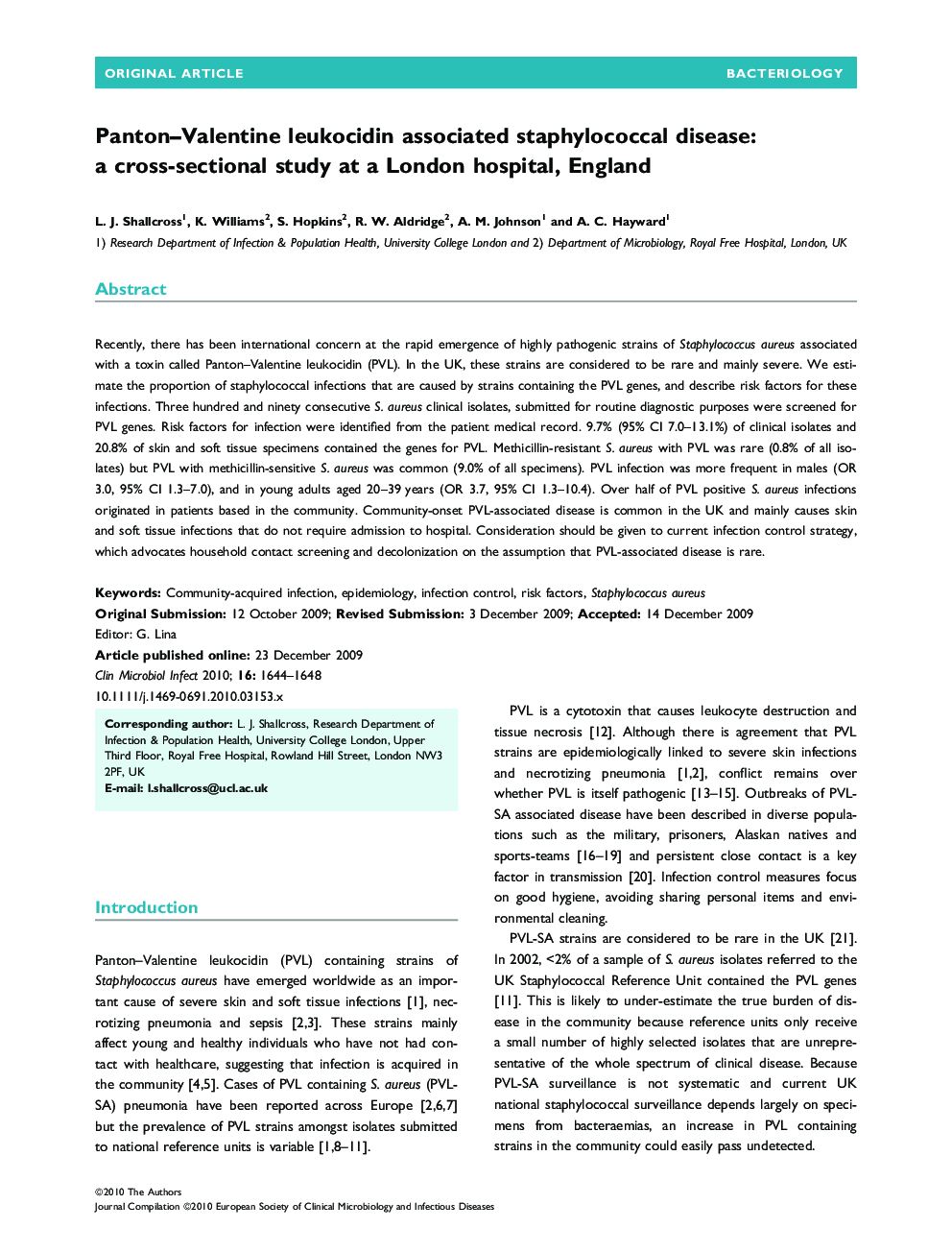 Panton-Valentine leukocidin associated staphylococcal disease: a cross-sectional study at a London hospital, England
