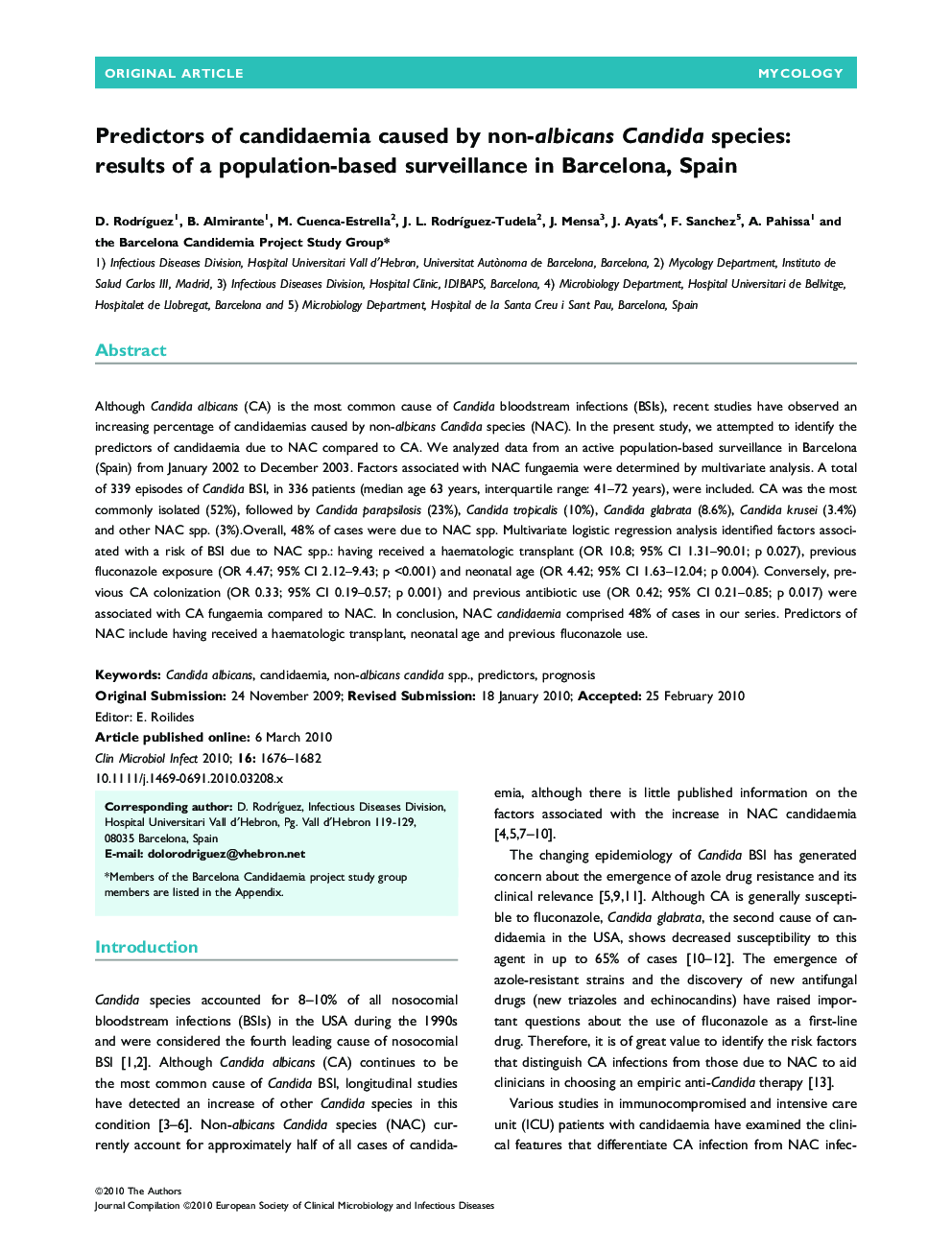 Predictors of candidaemia caused by non-albicans Candida species: results of a population-based surveillance in Barcelona, Spain