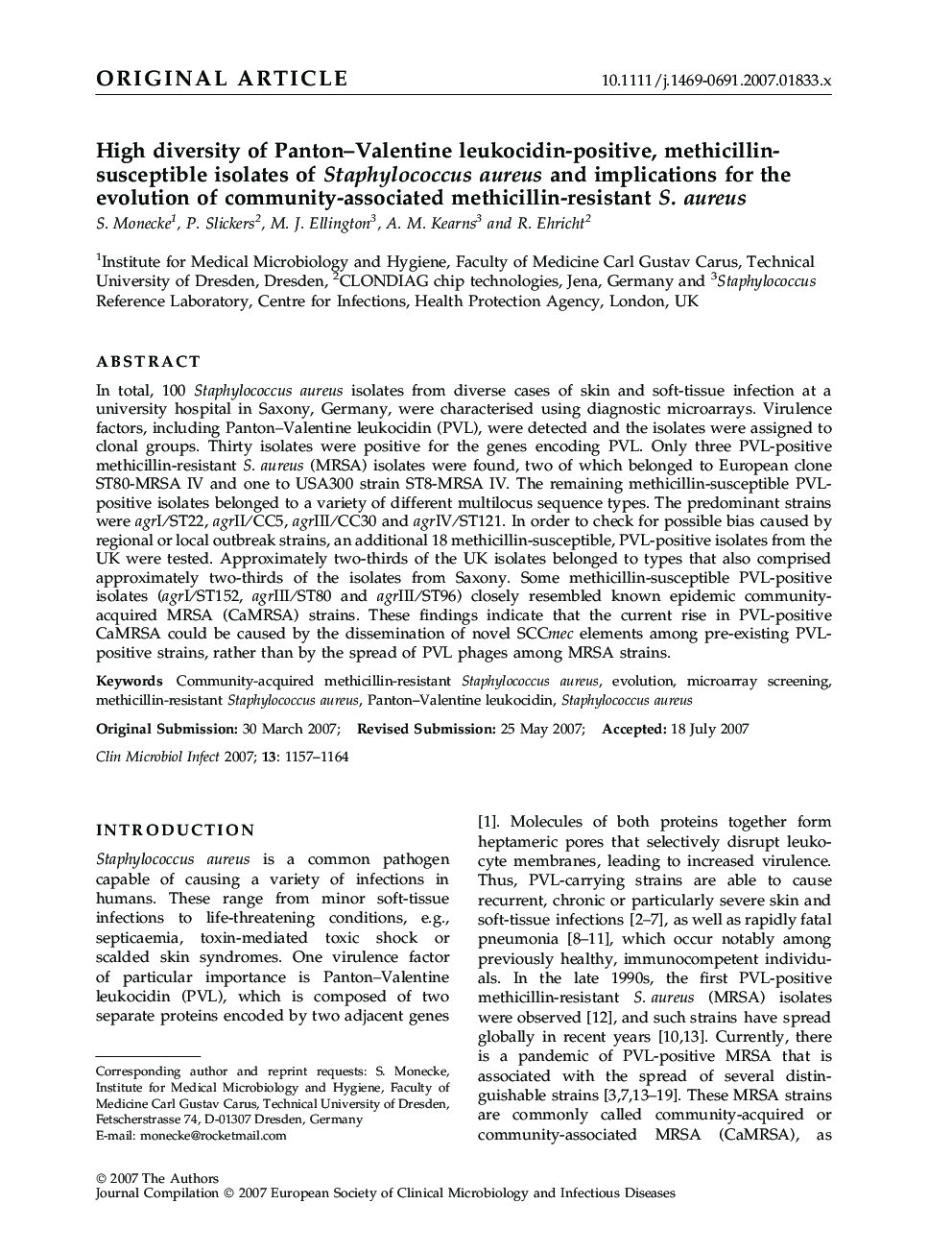 High diversity of Panton-Valentine leukocidin-positive, methicillin-susceptible isolates of Staphylococcus aureus and implications for the evolution of community-associated methicillin-resistant S. aureus