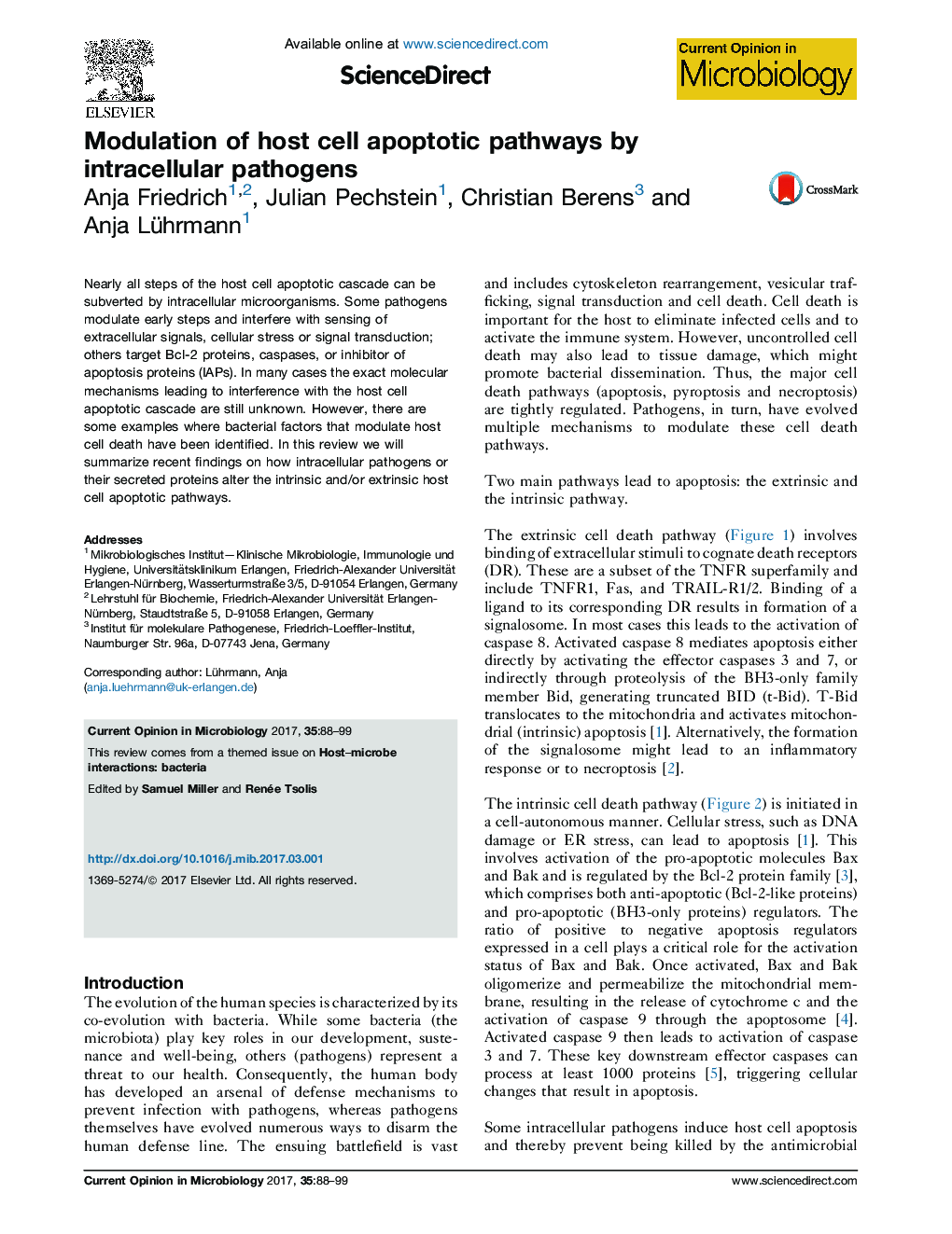 Modulation of host cell apoptotic pathways by intracellular pathogens