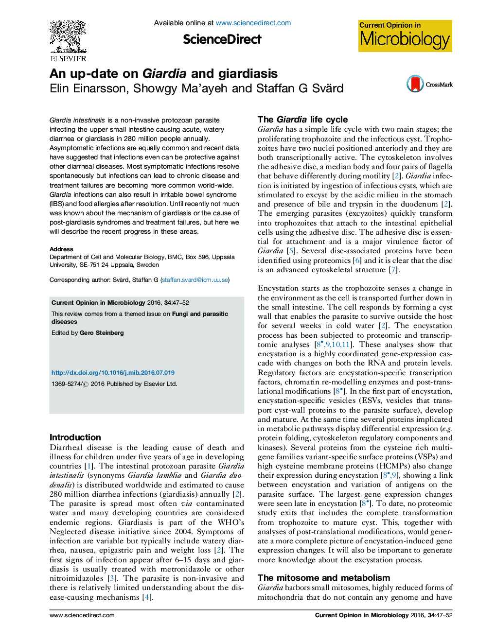 An up-date on Giardia and giardiasis