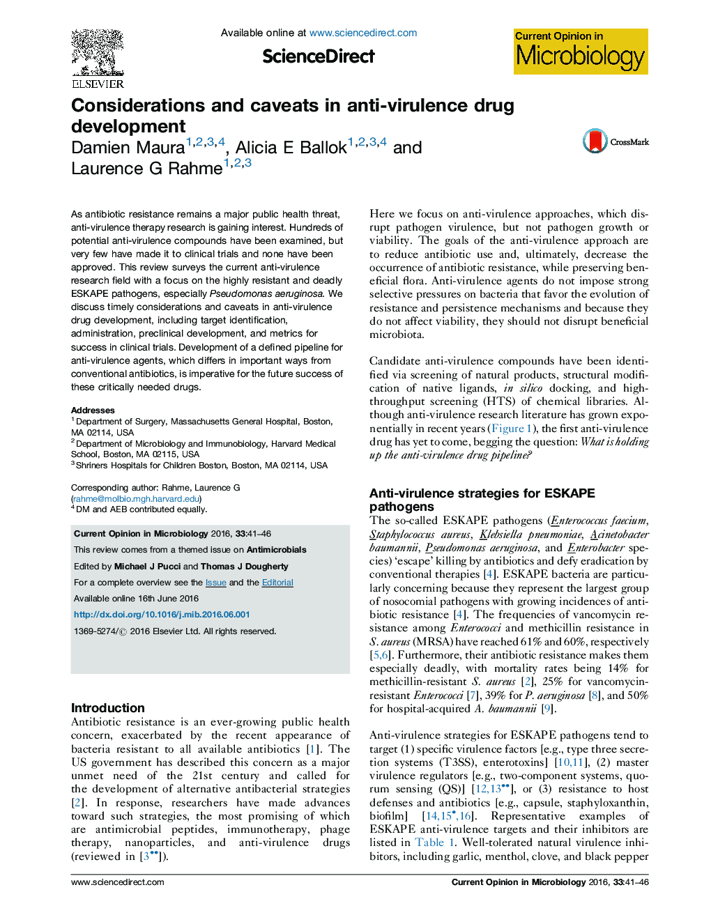 Considerations and caveats in anti-virulence drug development